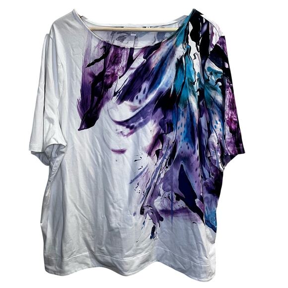 Chicos Cotton Stretch Abstract Knit Tee Size 4/ XXL Water Color Art Coastal - Picture 2 of 8